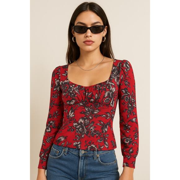 Vintage Tops - Vinatge Y2K Johnny Heaven Red Floral Mesh Puff Sleeve Baby Doll Top Size Small